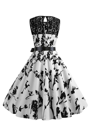 Sin Mangas Estampado Blanco 1950s Vestido Con Faja